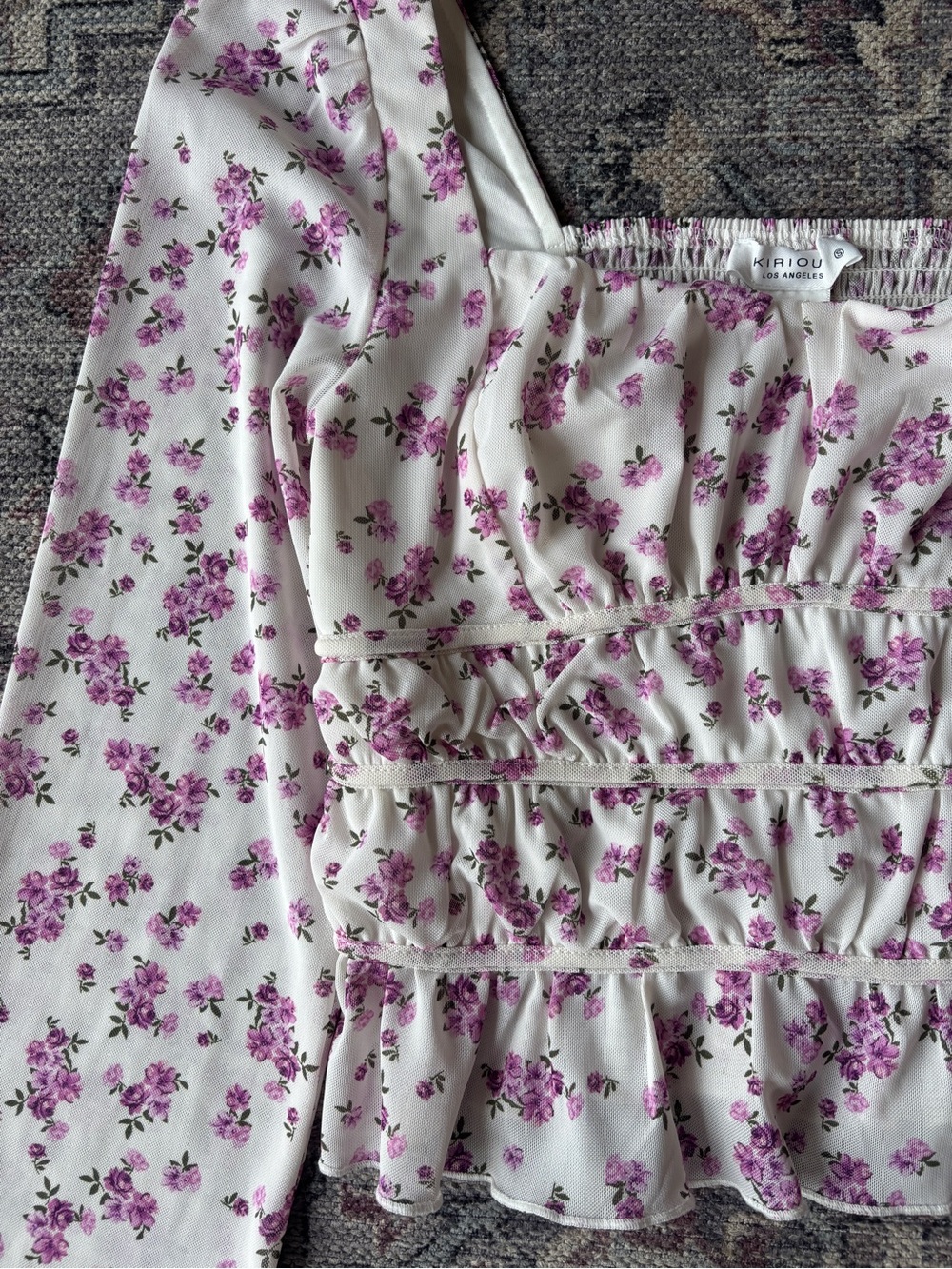 KIRIOU Los Angeles Floral Peplum Blouse in White and Lavender